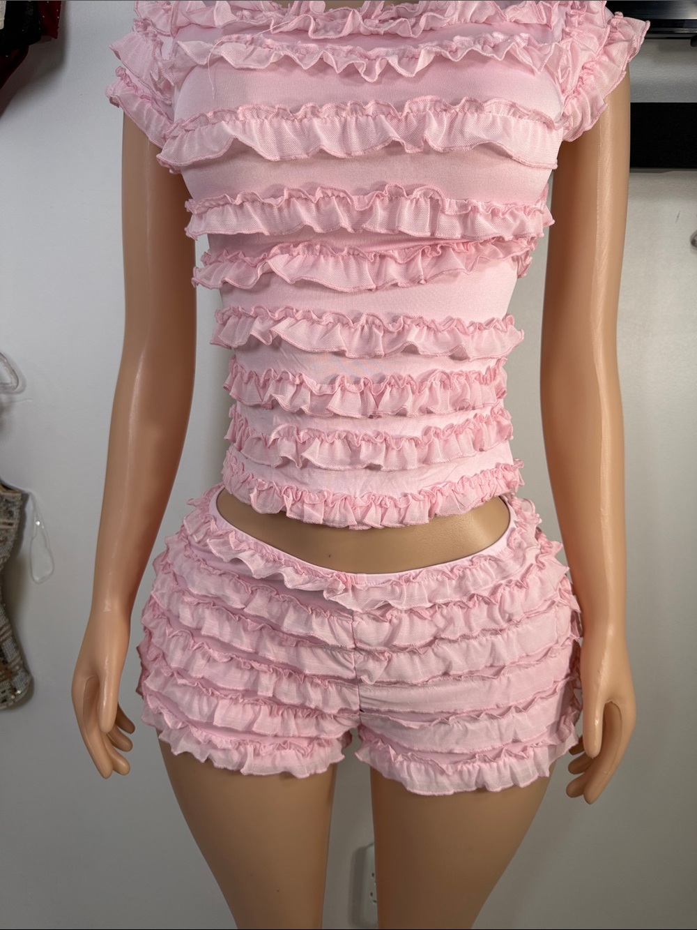 Ruffled Pink Short Sleeve Pajama Set - Feminine Two-Piece